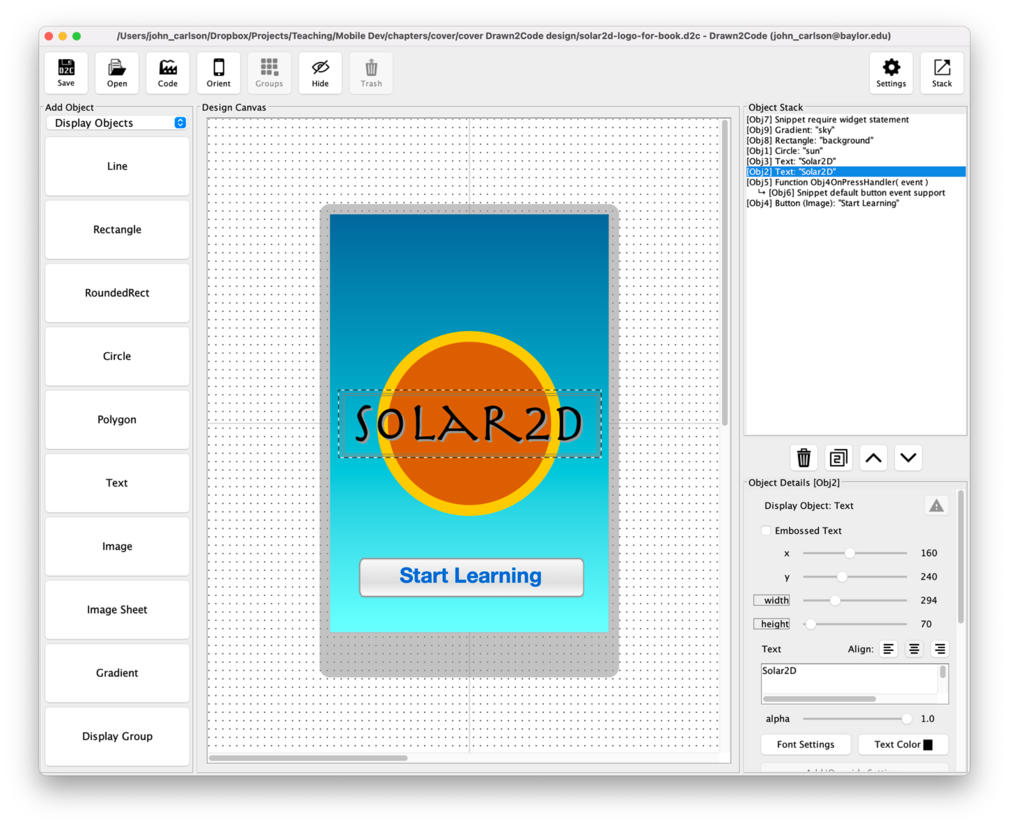 Drawn2Code visual IDE showing a Solar2D app interface under construction